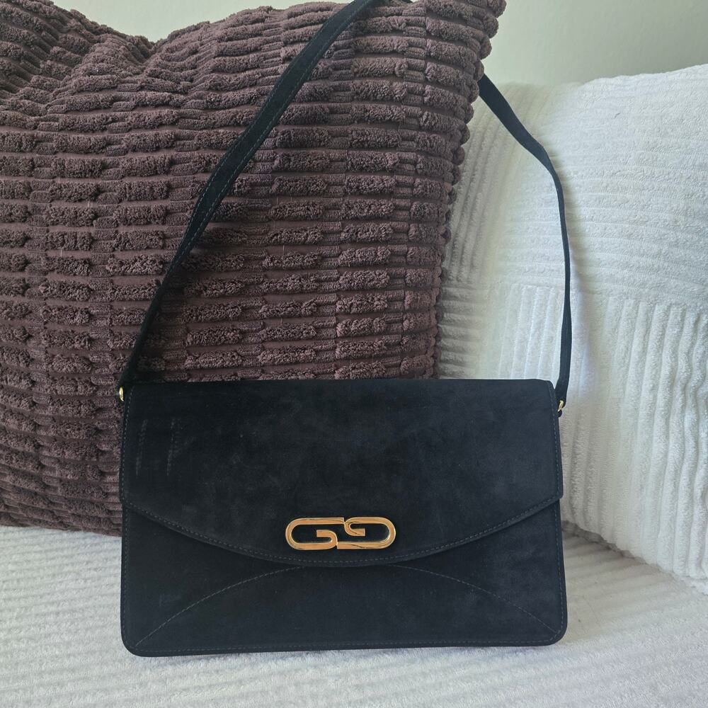 Vintage Gucci Black Suede Interlocking G Clasp Shoulder Bag